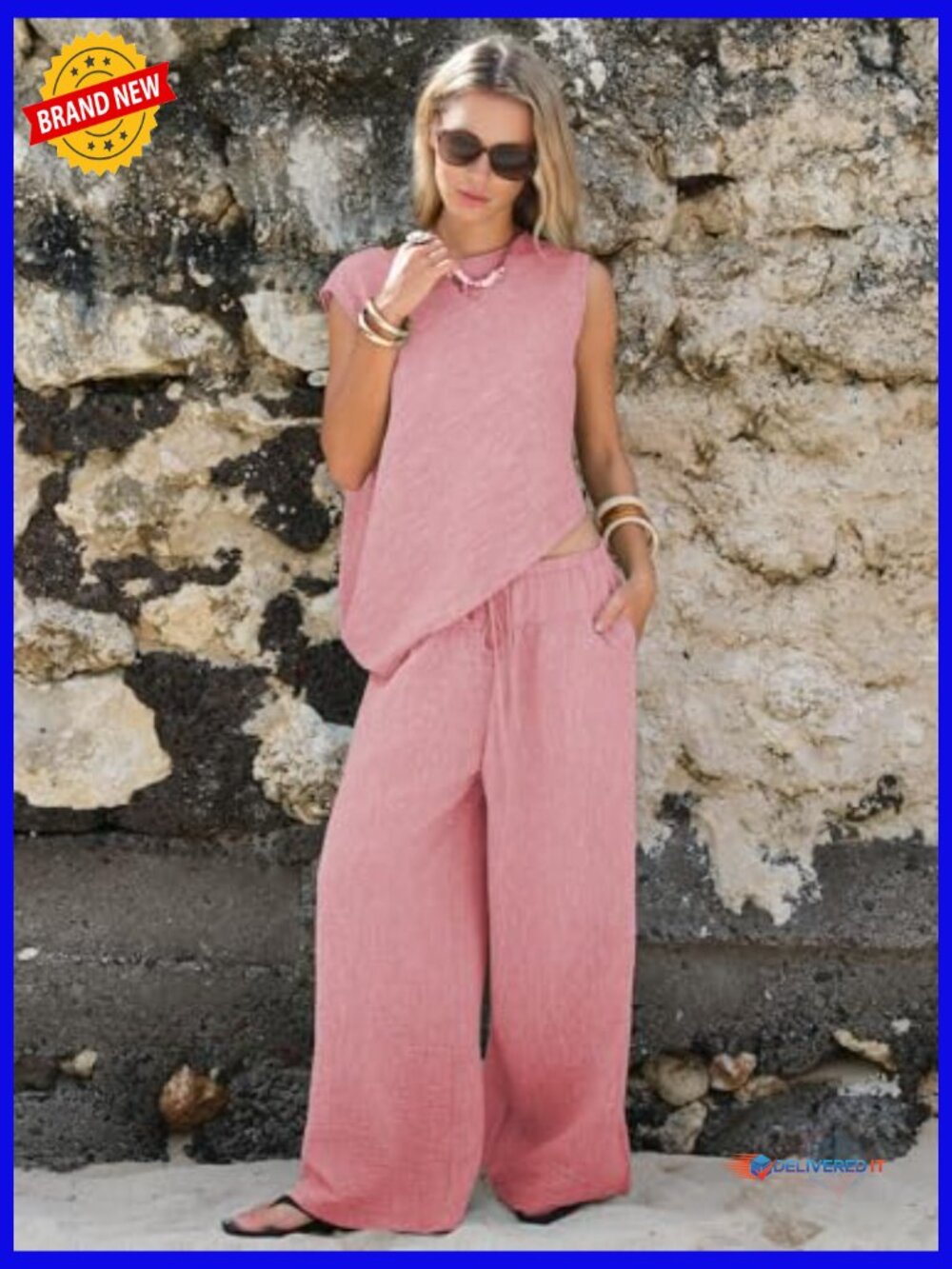 Women's Cotton Two Piece Set Summer Tank Top Wide Leg Pants Lounge Outfit - Picture 2 of 6